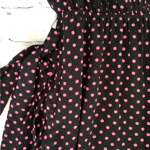 DR2 women pm black pink polka dot flutter short sleeves tie elastic waist dress - Picture 10 of 10